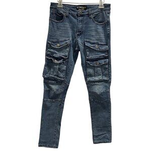 CDMG Jeans Skinny Cargo Moto Distressed Blue Denim Logo Stretch Pockets 32x32